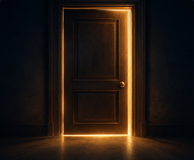 Uma porta entreaberta com luz dourada